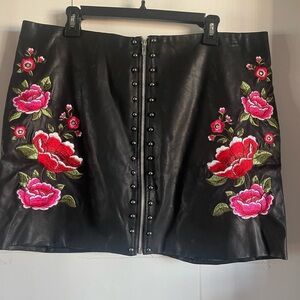 Black faux Leather Skirt with Floral Embroidery